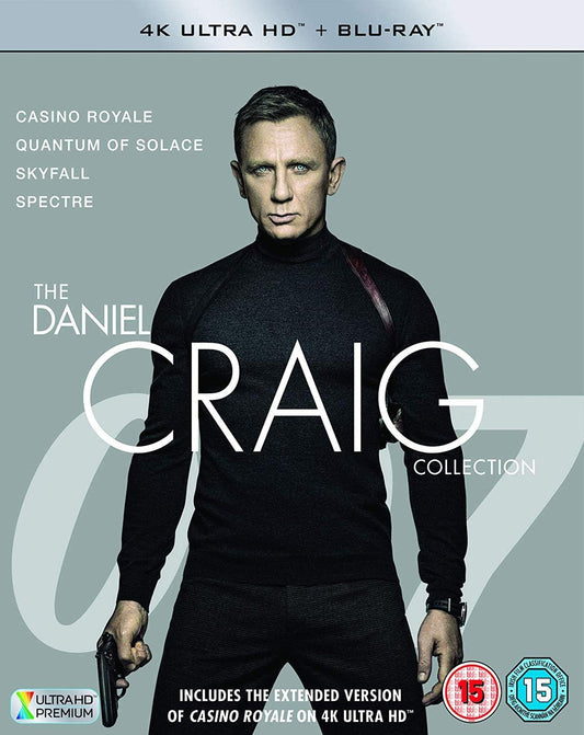 Daniel Craig in a black turtleneck holding a gun on a 4K Blu-ray cover.
