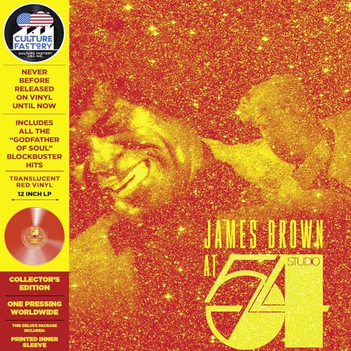 James Brown “At Studio 54” red vinyl record cover with gold glitter effect.