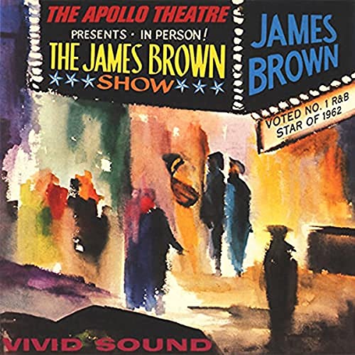 Watercolor illustration of the James Brown Show at the Apollo Theatre with silhouetted figures.