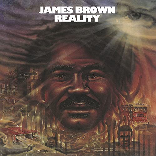 Album cover for James Brown’s “Reality” featuring a painted portrait and city scene.