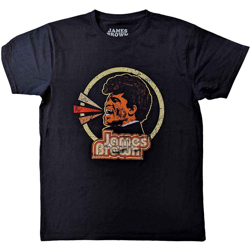 Black unisex t-shirt featuring a circular James Brown logo graphic on the front.