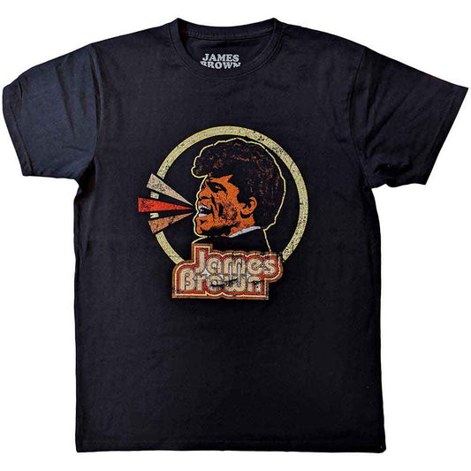 Black unisex t-shirt featuring a circular James Brown logo graphic on the front.