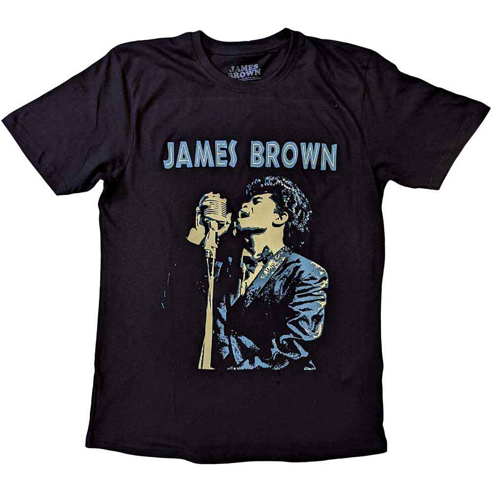 Black unisex t-shirt featuring a graphic print of James Brown holding a microphone.