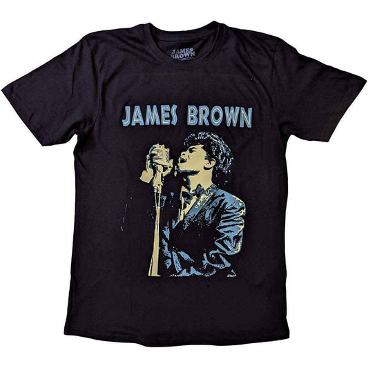 Black unisex t-shirt featuring a graphic print of James Brown holding a microphone.