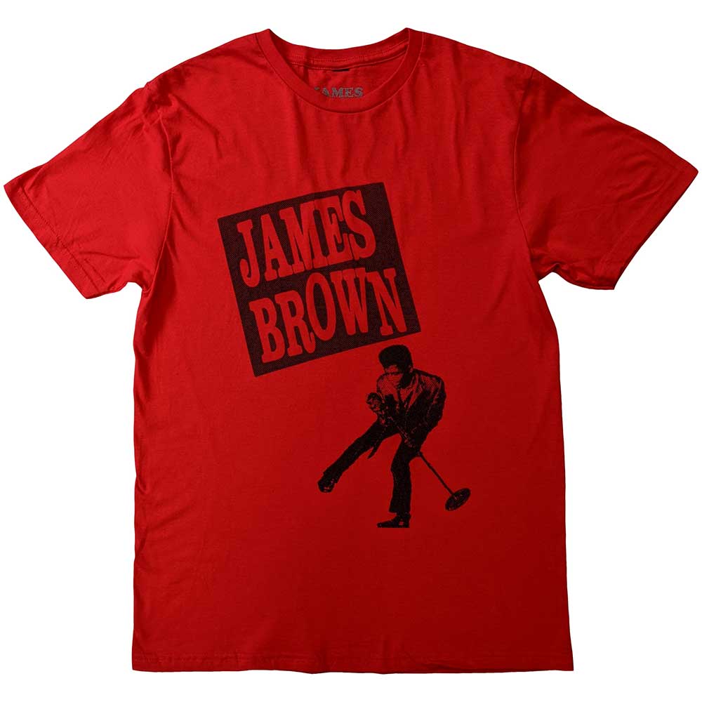 A black unisex t-shirt featuring a halftone-style graphic print of James Brown.