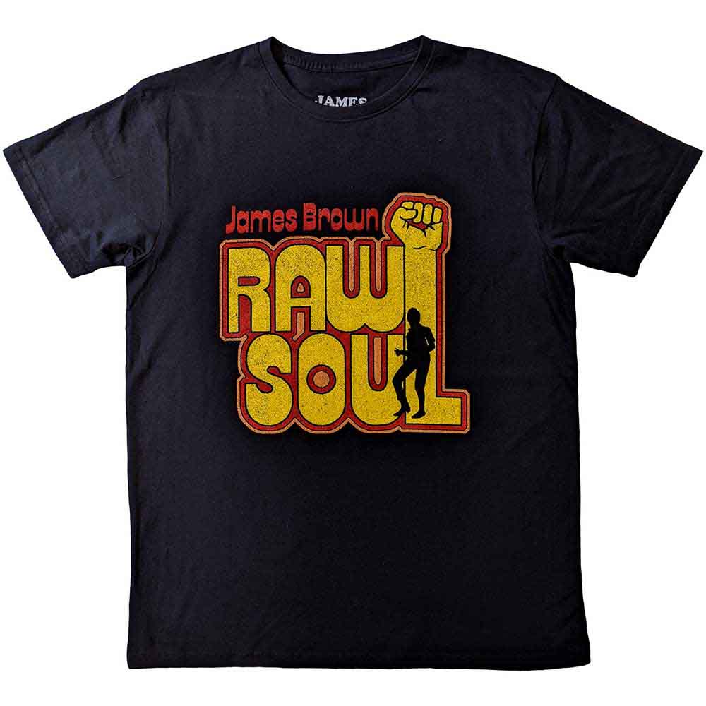 Large black t-shirt featuring James Brown’s “Raw Soul” portrait graphic.