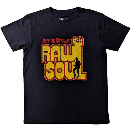 Large black t-shirt featuring James Brown’s “Raw Soul” portrait graphic.