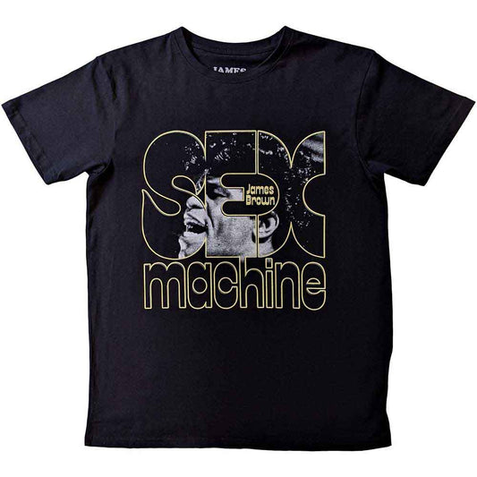Black t-shirt featuring James Brown labeled "Sex Machine," size small.