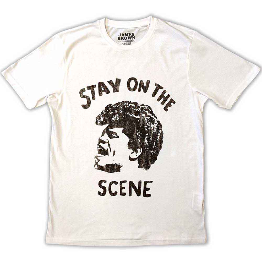 Black t-shirt featuring James Brown's image and "Stay On The Scene" text.