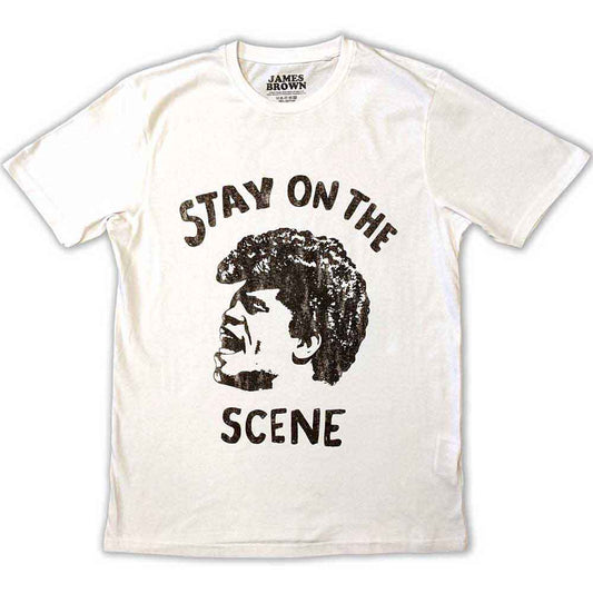 Black t-shirt featuring James Brown's image and "Stay On The Scene" text.