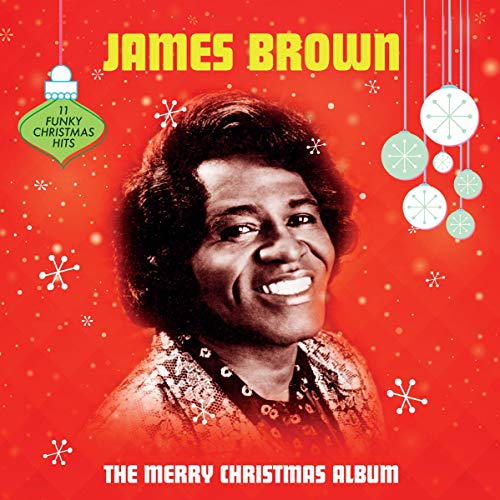 James Brown portrait on red album cover with Christmas decorations.