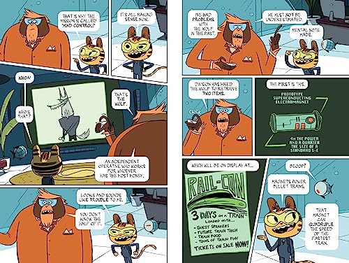 Two pages from a colorful graphic novel featuring anthropomorphic animal characters.
