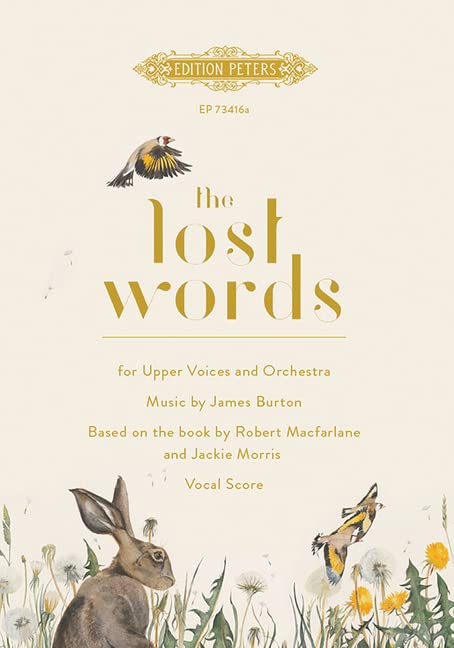Sheet music cover for “The Lost Words” with bird and hare illustrations.