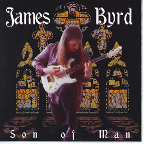James Byrd playing an electric guitar in front of a stained glass window background.