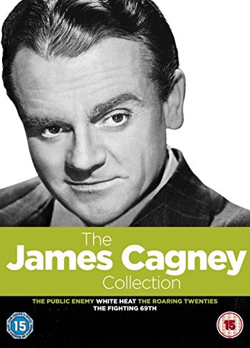 Black and white portrait of James Cagney on a DVD cover.