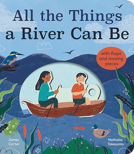 Children fishing in a boat on a river, illustrated book cover.