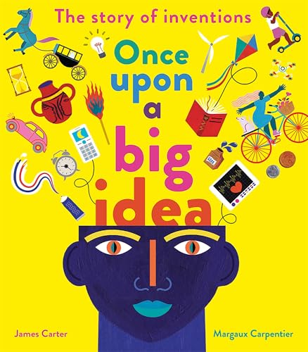 Book cover with colorful illustrations of inventions above a blue head.