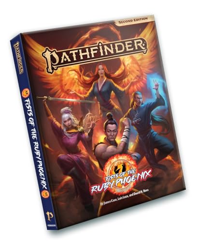 Hardcover Pathfinder roleplaying game book featuring fantasy characters and a fiery phoenix background.
