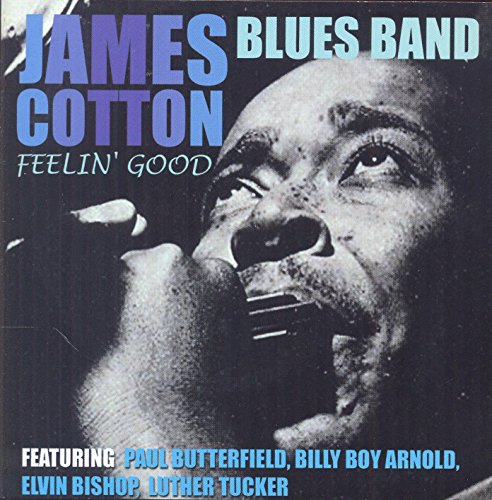 Black and white photo of James Cotton playing a harmonica on a CD cover.