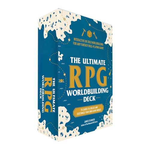 Blue box of "The Ultimate RPG Worldbuilding Deck" with fantasy icons.