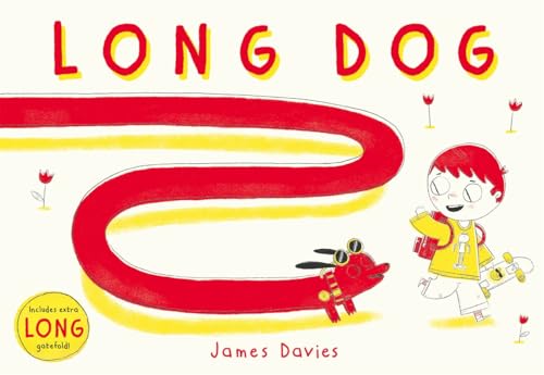 Illustration of a boy walking a very long, red dachshund dog.