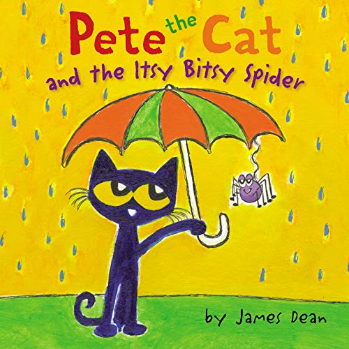 Purple cat Pete holds a red and green umbrella with a spider.