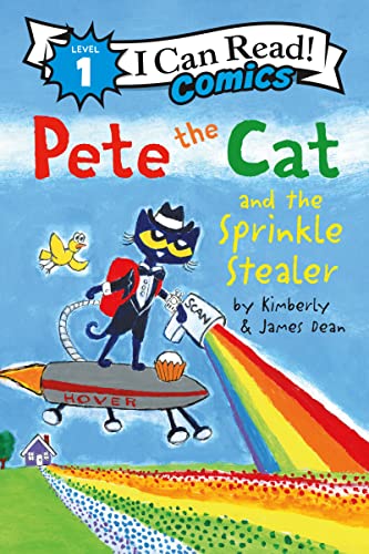 Pete the Cat flies on a hoverboard, scanning a cupcake with sprinkles.