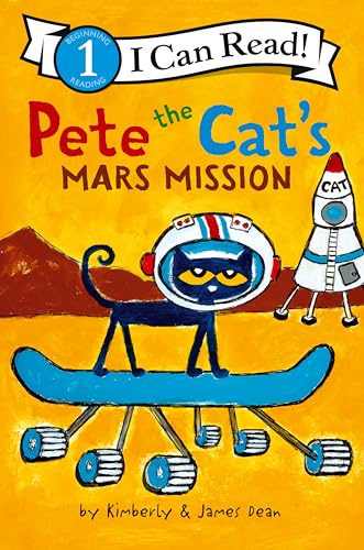 Pete the Cat wearing a space helmet on a skateboard on a Mars landscape.