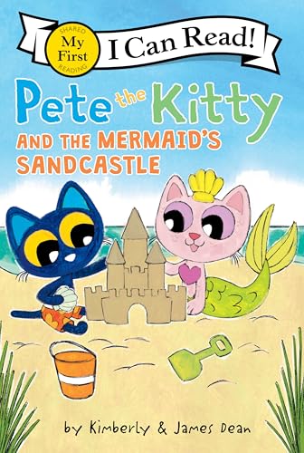 Pete the Kitty and a pink mermaid cat build a sandcastle on the beach.