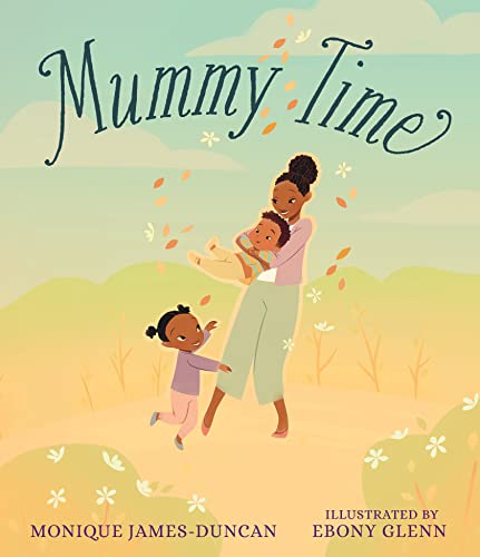 Book cover: mother carrying child, another child running, illustrated style.