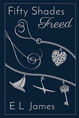 Book cover for "Fifty Shades Freed" with silver chains, heart, boat, and key.