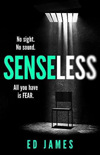 Book cover: dark room, single chair under a bright spotlight, text “SENSELESS”.
