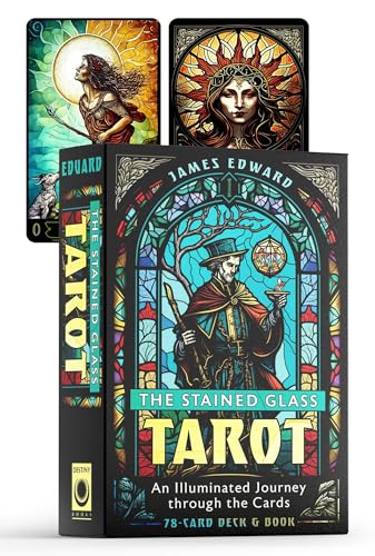 Stained glass tarot deck box with illustrated cards featuring figures.