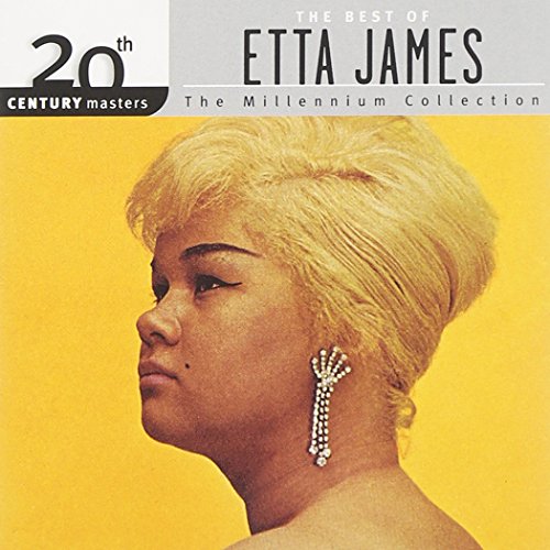 Etta James portrait on a yellow CD cover, with text and earrings.