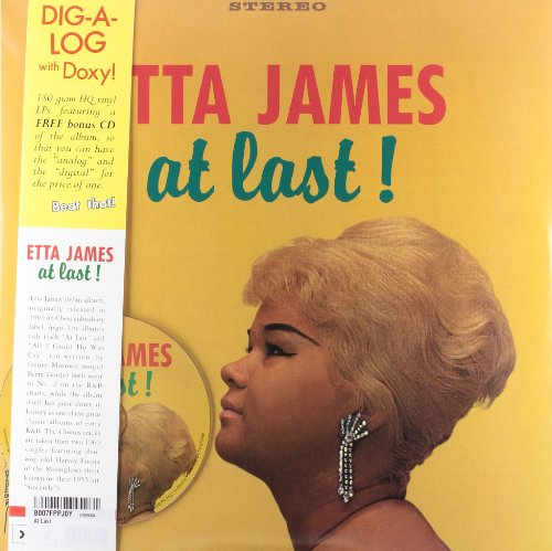 Etta James' "At Last!" vinyl record cover with her portrait in profile.