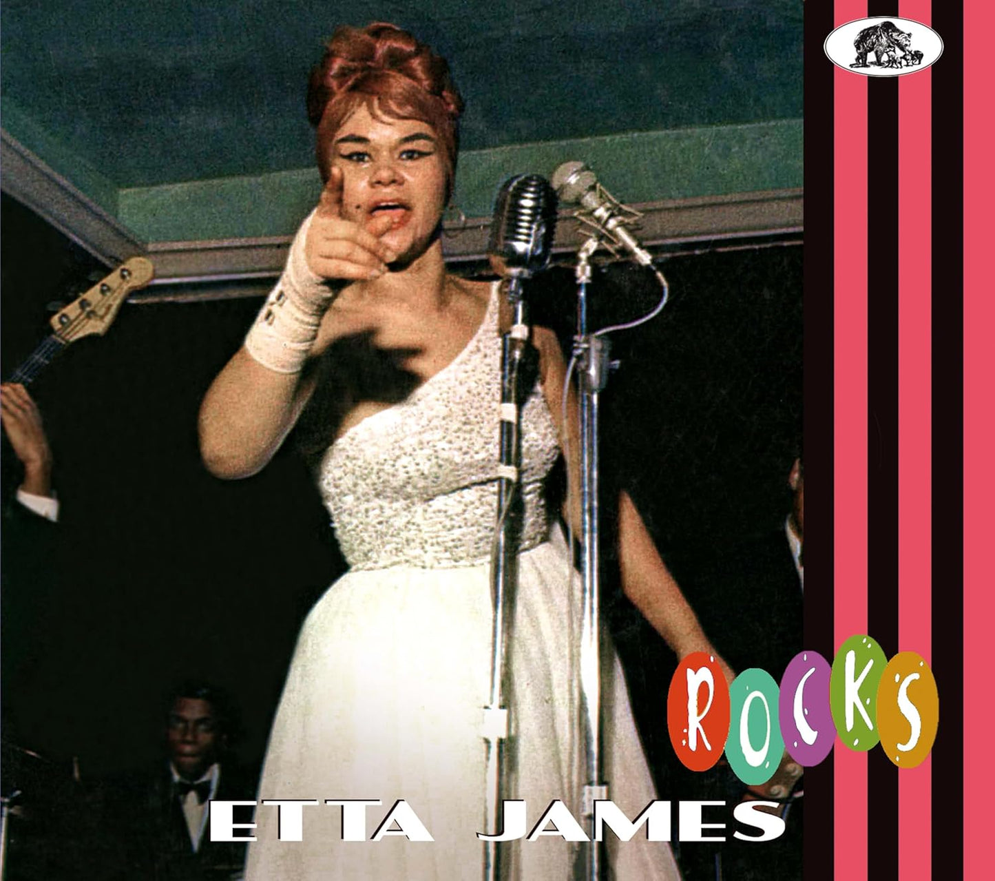 Etta James performing with a microphone, album cover for "Rocks.
