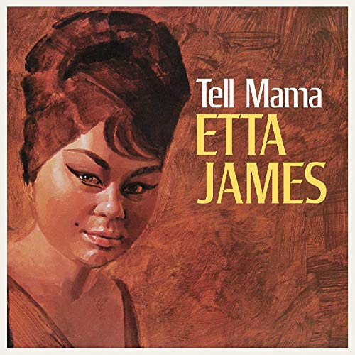 Portrait of Etta James on a textured brown background with the text Tell Mama.
