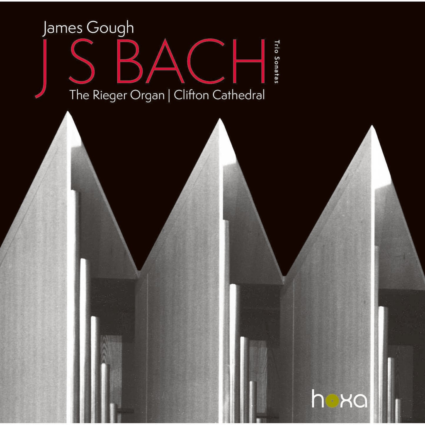 CD cover for James Gough’s JS Bach Trio Sonatas, featuring organ pipes.