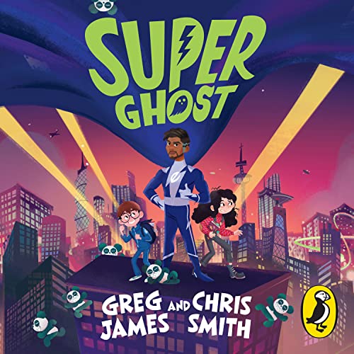 Book cover: superhero boy with two children in a city landscape.