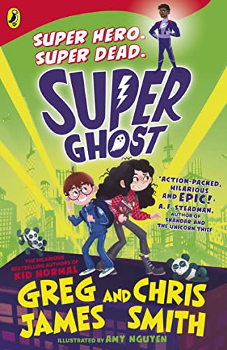 Book cover: “Super Ghost” with children, lightning, and a ghostly figure.