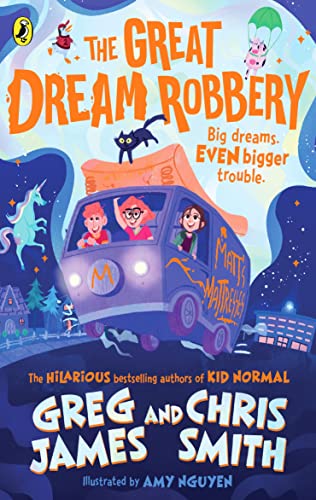 Book cover: children in a purple van with a black cat and unicorn.