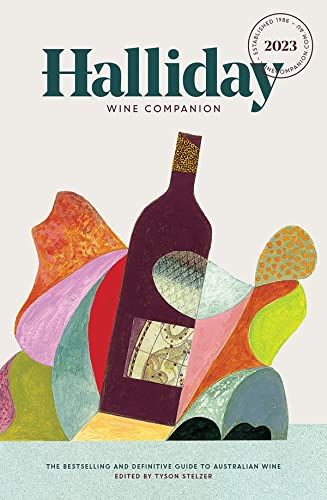 2023 Halliday Wine Companion cover with wine bottle and abstract shapes.