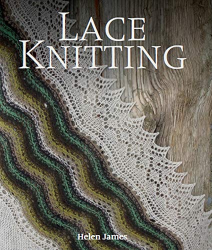 Book cover for "Lace Knitting" featuring white lace and woodgrain texture.