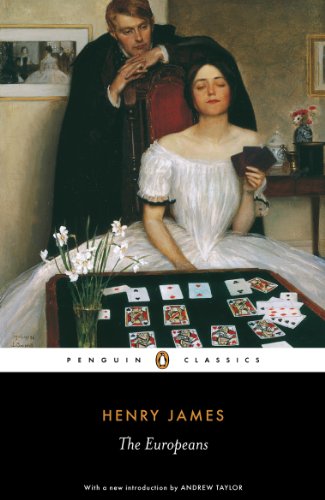 A woman in a white dress plays cards while a man watches over her.