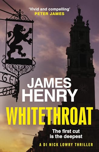 Book cover for “Whitethroat” featuring a lion sign and church tower.