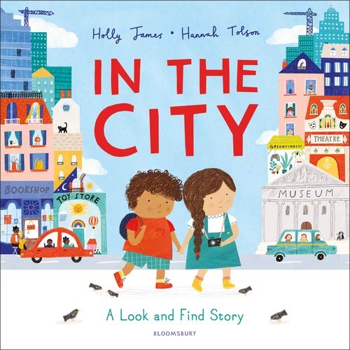 Children holding hands walk down a colorful city street illustration.