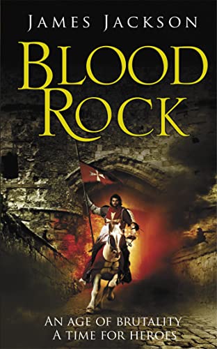 Book cover: "Blood Rock" depicts a knight on horseback before a castle.