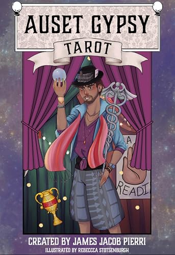 “Auset Gypsy Tarot” box art depicts a man with a crystal ball and staff.