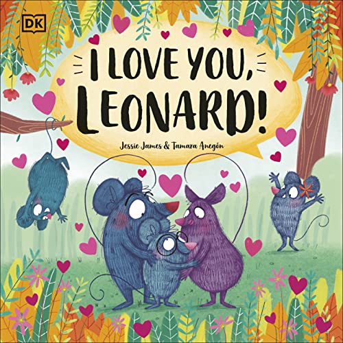 Children’s book cover with illustrated blue mice embracing amidst hearts.