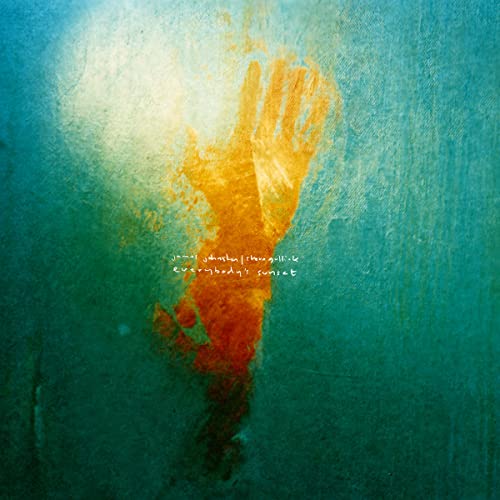 Abstract album cover with orange handprint on a textured blue background.
